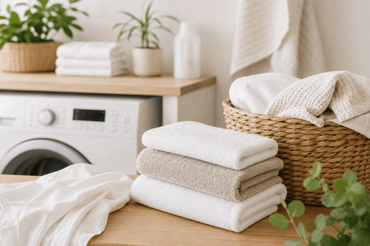 Bright laundry room with folded towels and a washing machine, representing fragrance-free laundry care for sensitive and eczema-prone skin.