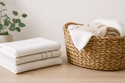 Clean folded towels and a woven laundry basket in a minimalist laundry room, representing gentle laundry care for sensitive skin.