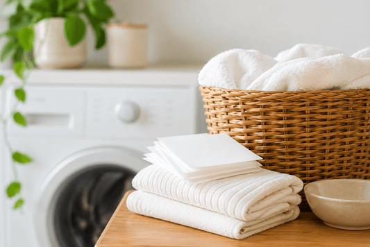 Clean, neutral-toned laundry room with folded towels and laundry detergent sheets, representing fragrance-free laundry care for sensitive and eczema-prone skin.