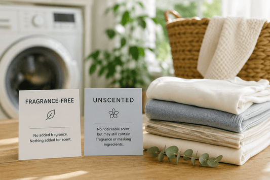Fragrance-free vs unscented laundry detergent comparison with clean laundry and a washing machine, explaining the difference for sensitive skin.