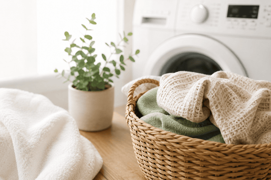 Minimalist laundry room with clean laundry and washing machine for a blog about fragrance-free laundry detergent for eczema-prone and sensitive skin.