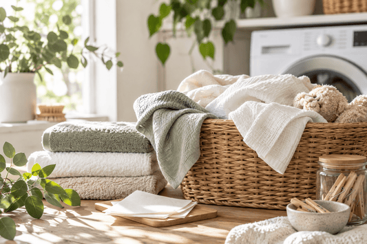Laundry room with folded towels, bedding, wicker laundry basket and fragrance-free laundry sheets, illustrating how to wash clothes for eczema-prone skin.