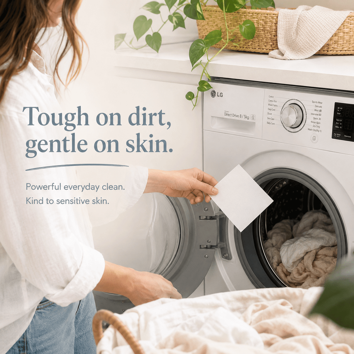 A woman in a white blouse stands beside an LG front-loading washing machine, holding a white cleaning powder packet. The scene is set in a bright, clean laundry room with a basket of laundry and a potted plant on the counter.