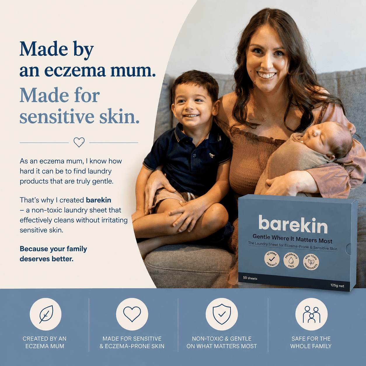 A family scene with a woman holding a baby on a couch next to a barekin laundry box, with large marketing text on the left and a blue feature banner at the bottom.